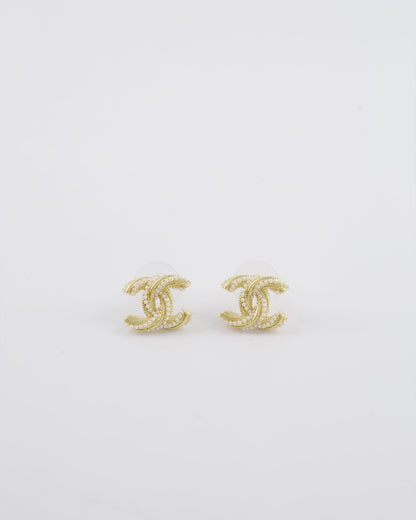 Chanel 24A Champagne Gold Textured CC Logo Small Earrings with Pearls