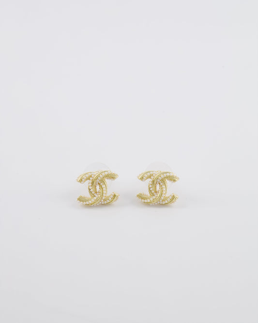 Chanel 24A Champagne Gold Textured CC Logo Small Earrings with Pearls