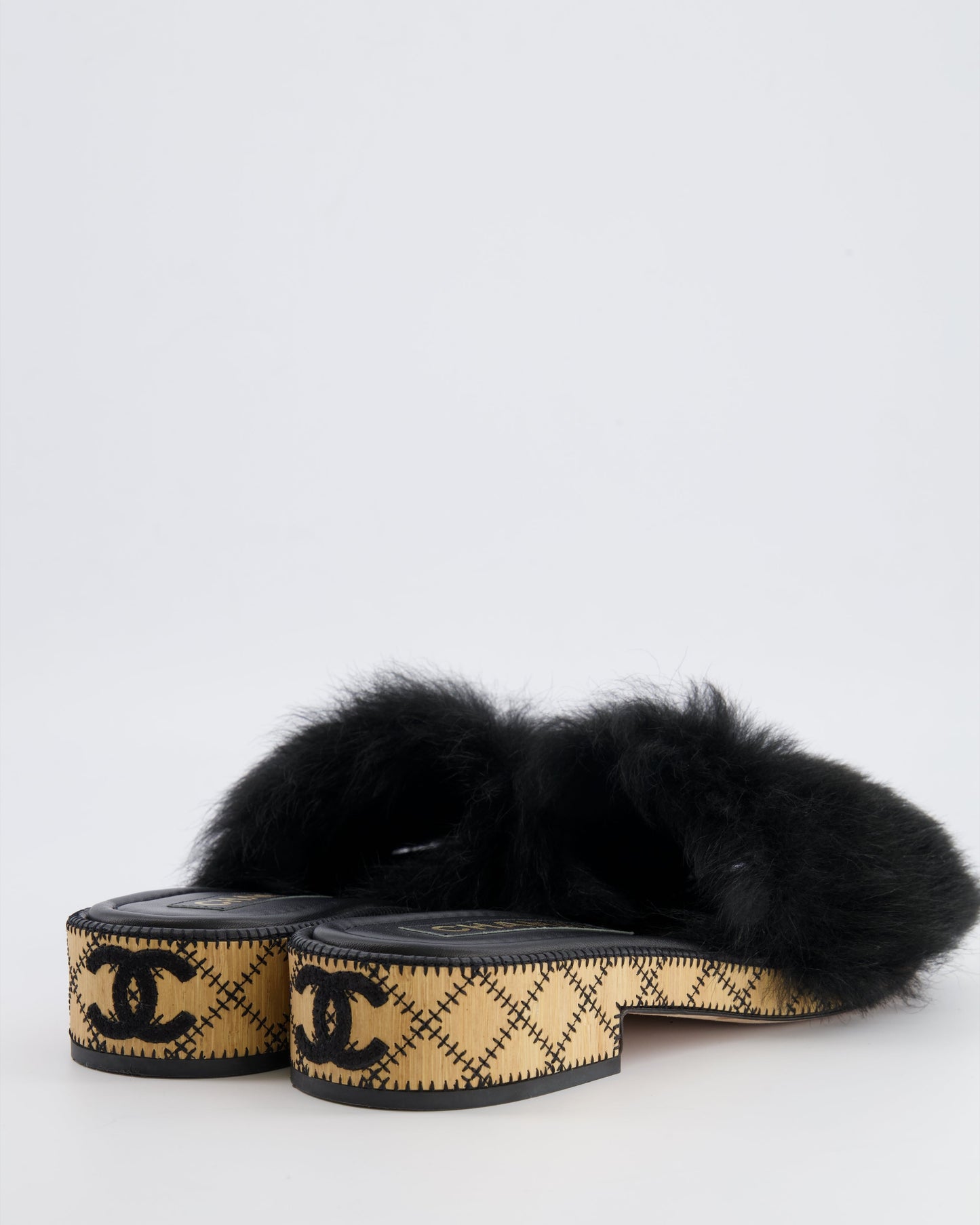 Chanel 22B Black Shearling Mules with CC Logo Details and Wooden Sole Size 39