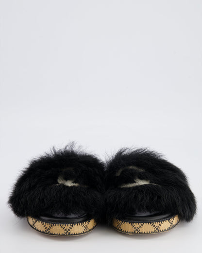 Chanel 22B Black Shearling Mules with CC Logo Details and Wooden Sole Size 39