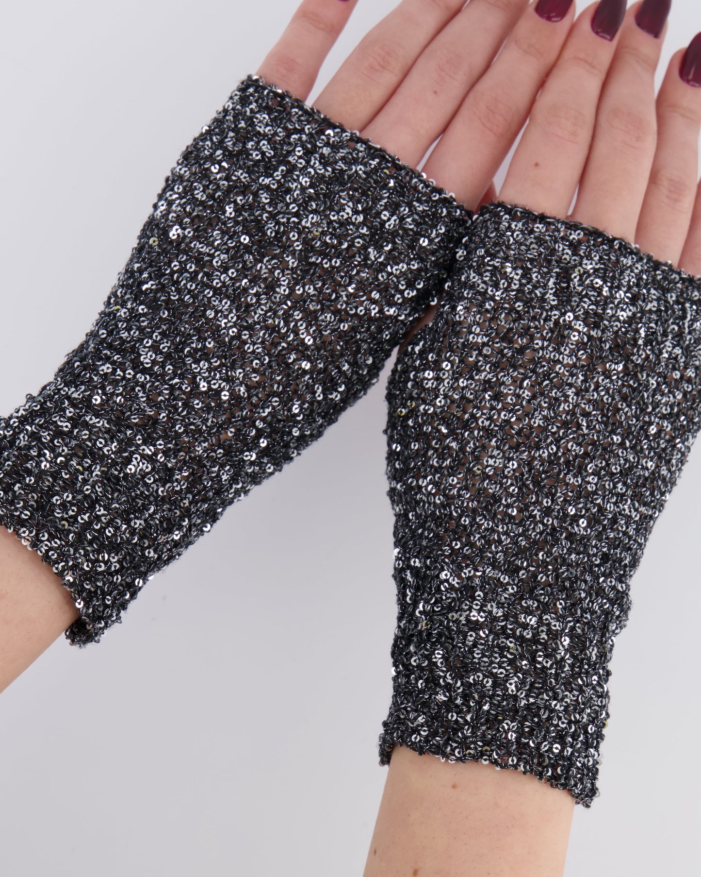 Chanel Black and Silver Sequin Embellished Mitten Gloves