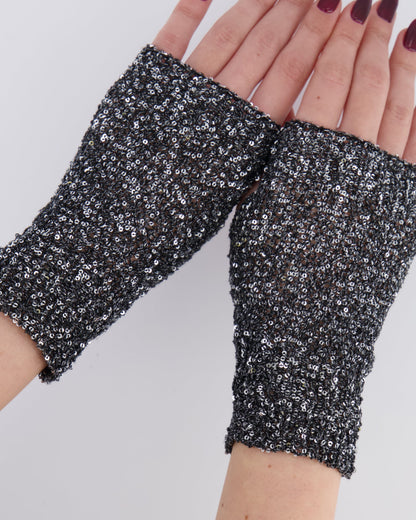 Chanel Black and Silver Sequin Embellished Mitten Gloves