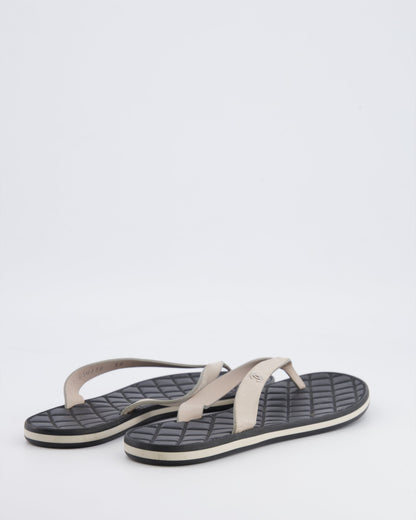 Chanel Spring 2015 Beige Suede Flip Flops with Silver CC Logo and Black Matelasse Sole Size 38