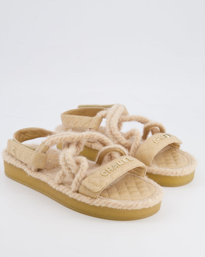 Chanel Beige Cord and Quilted Lambskin Sandals with Champagne Gold Logo Details Size EU 40