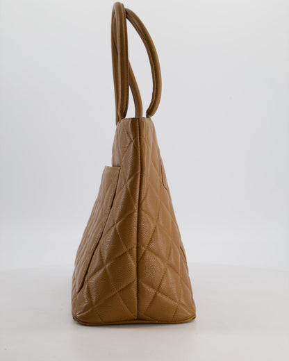 Chanel Vintage Medallion Tote in Caramel Brown Quilted Caviar Leather with Gold Hardware