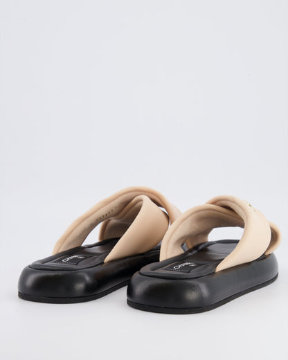Chanel Beige and Black Leather Slides with Crossover Strap and Gold Textured CC Logo Detail Size EU 40C