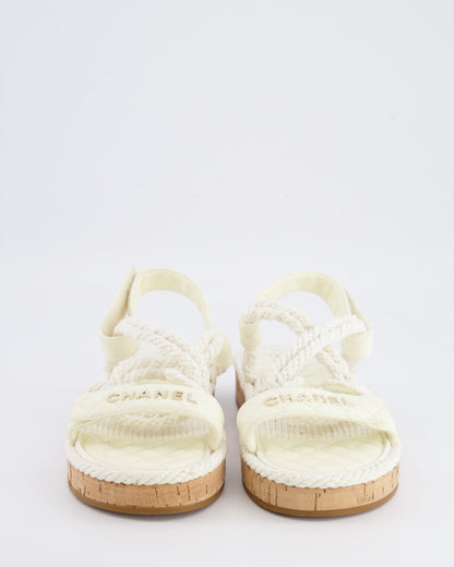 Chanel White Cord and Quilted Lambskin Sandals with Champagne Gold Logo Details Size EU 40
