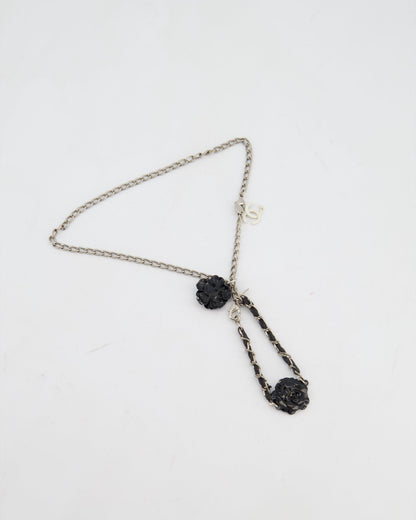 Chanel Set Silver Chain Necklace with Camellia Pendant and Silver and Black Camellia Bracelet