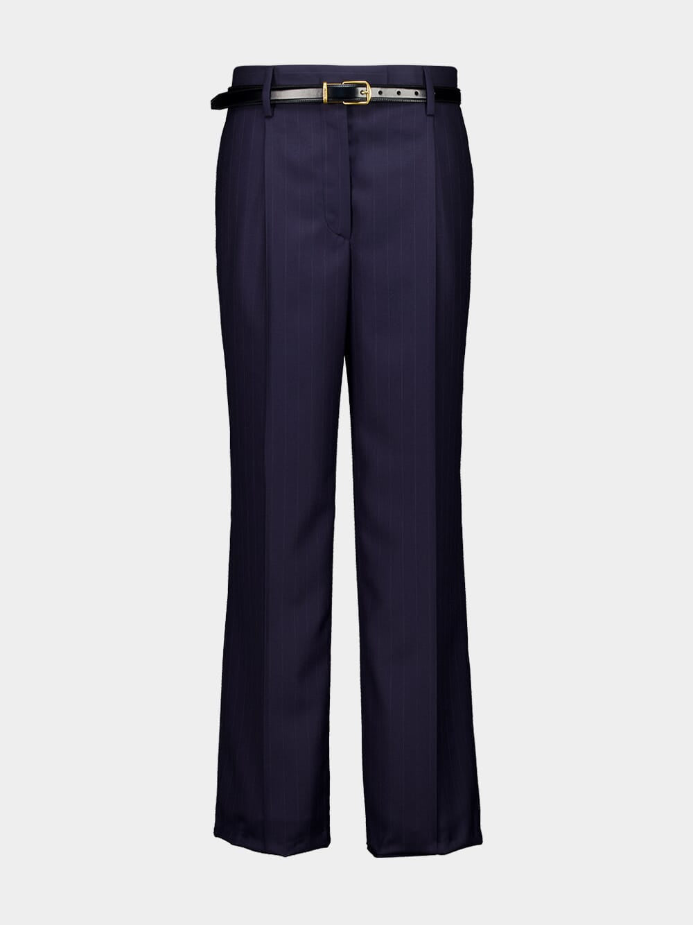 Blue Straight-Leg Wool Trousers with Leather Belt