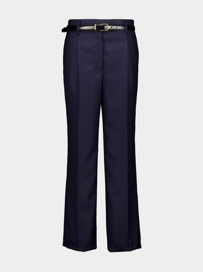 Blue Straight-Leg Wool Trousers with Leather Belt
