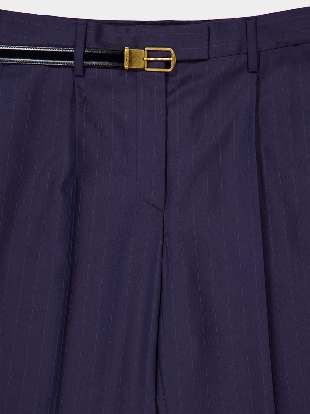 Blue Straight-Leg Wool Trousers with Leather Belt