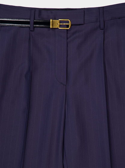 Blue Straight-Leg Wool Trousers with Leather Belt