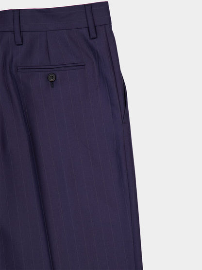 Blue Straight-Leg Wool Trousers with Leather Belt