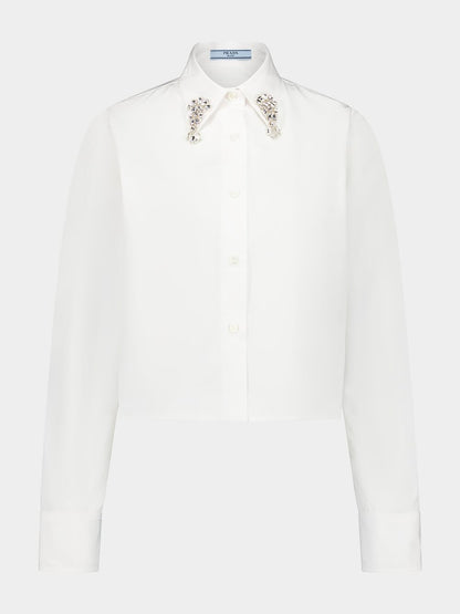 Embroidered Collar White Poplin Shirt
