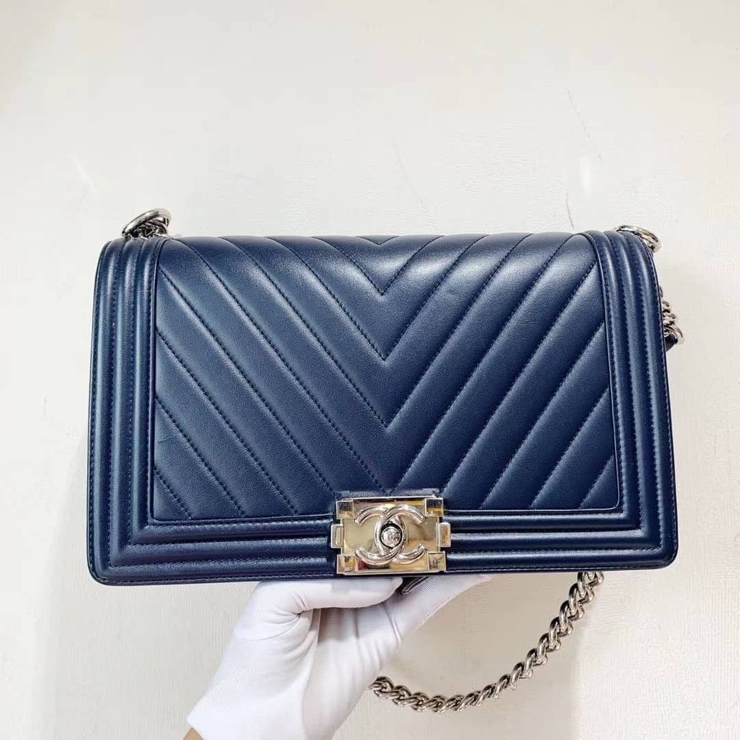Le Boy Chevron Calfskin Flap Bag Dark Blue with Shiny Silver Hardware New Medium