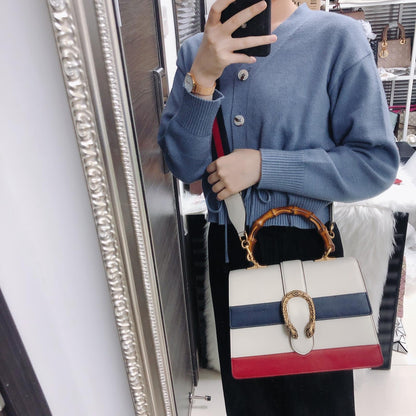 Gucci Calfskin Medium Dionysus Bamboo Handle Bag White Blue Red
