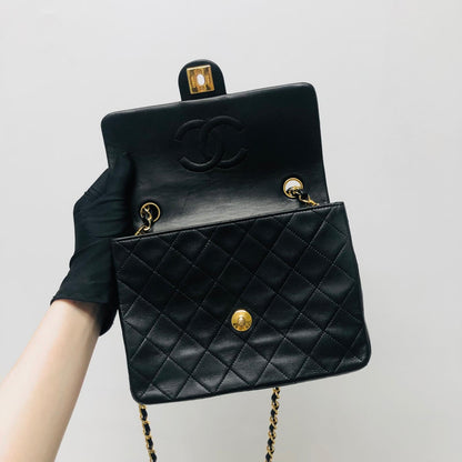 Vintage Mini Square Flap Lambskin Bag in Black Quilted Lambskin Leather GHW