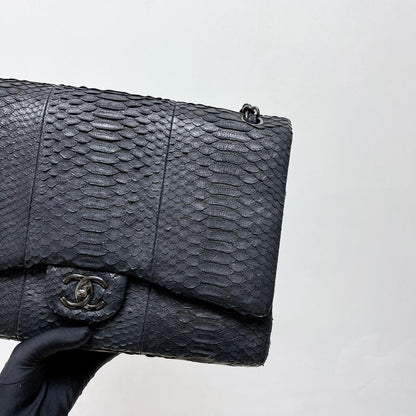 Maxi Double Flap Python Leather in Black RHW
