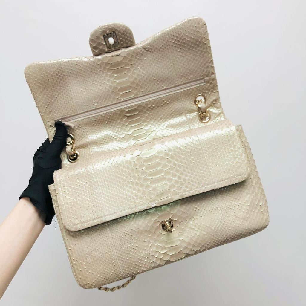 Jumbo Double Flap in Pearl Python Leather with Light Gold Hardware