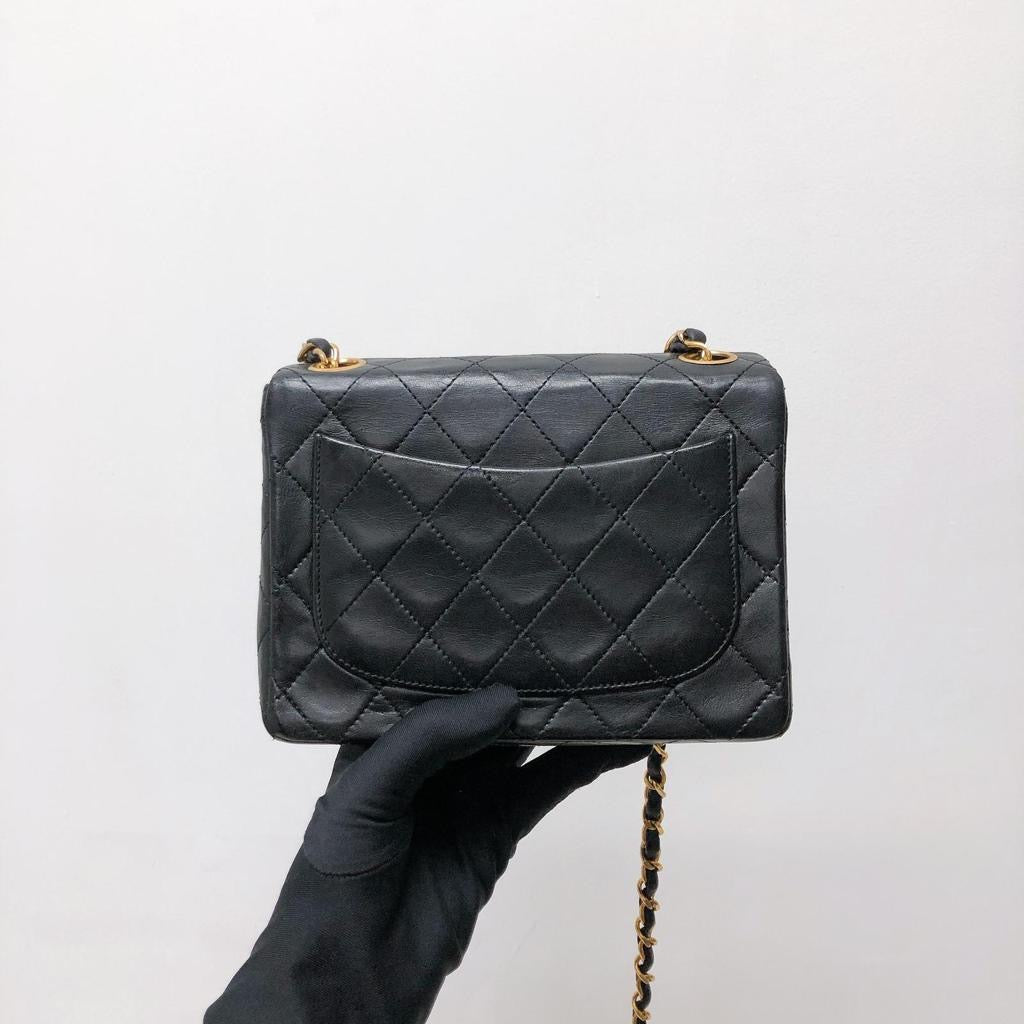 Vintage Mini Square Flap Bag in Black Quilted Lambskin Leather GHW