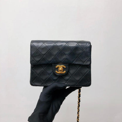 Vintage Mini Square Flap Bag in Black Quilted Lambskin Leather GHW