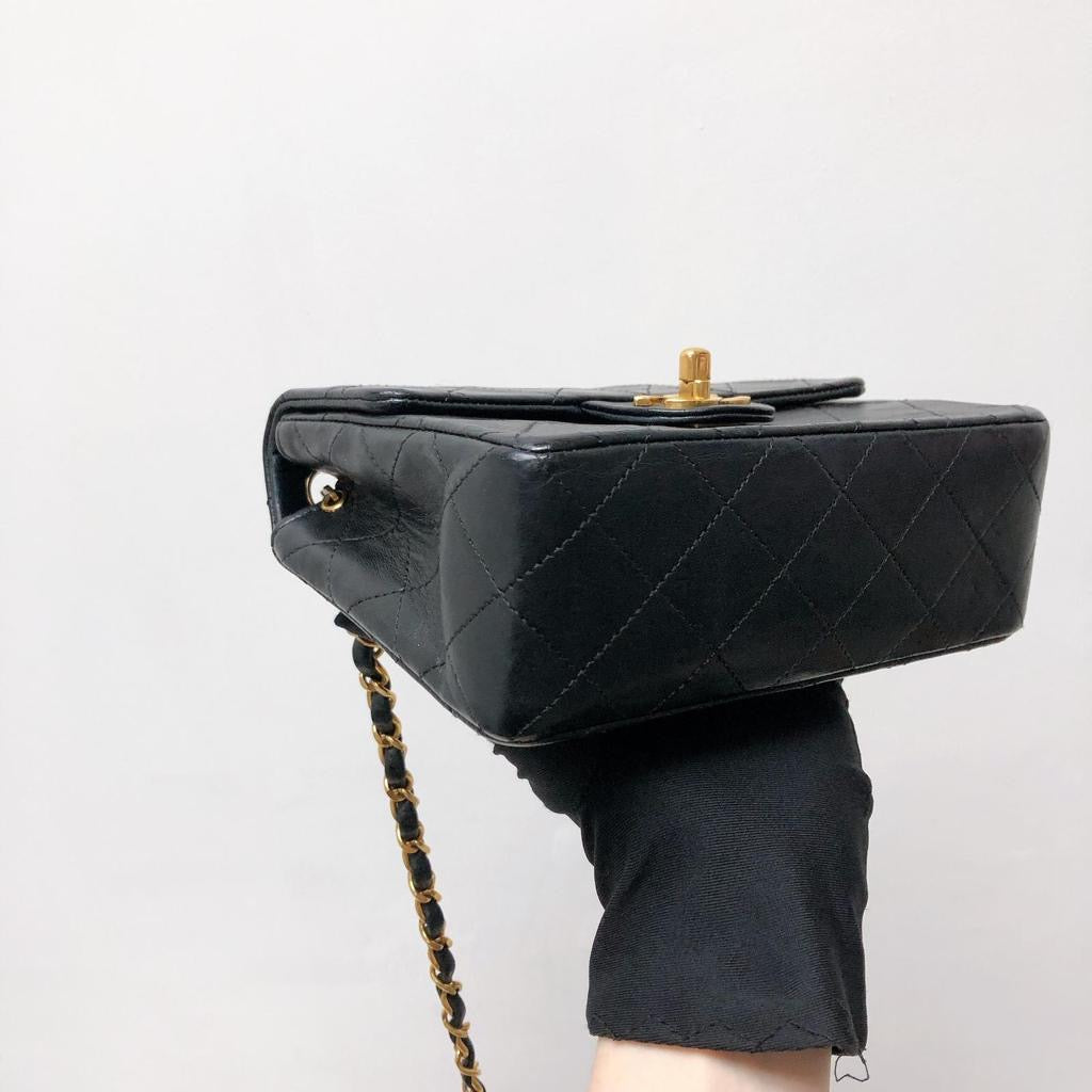 Vintage Mini Square Flap Bag in Black Quilted Lambskin Leather GHW