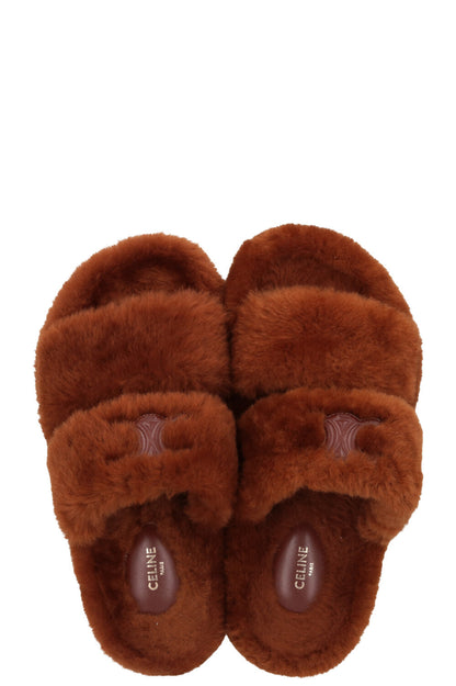 CELINE Triomphe Fur Slides Brown