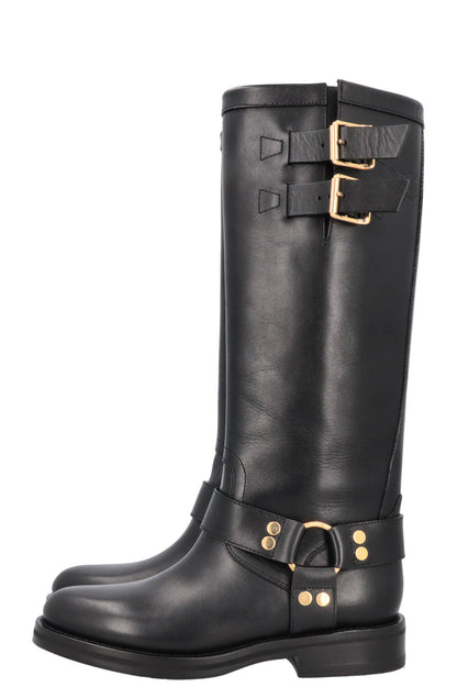 CELINE Knee High Buckled Biker Boots Black