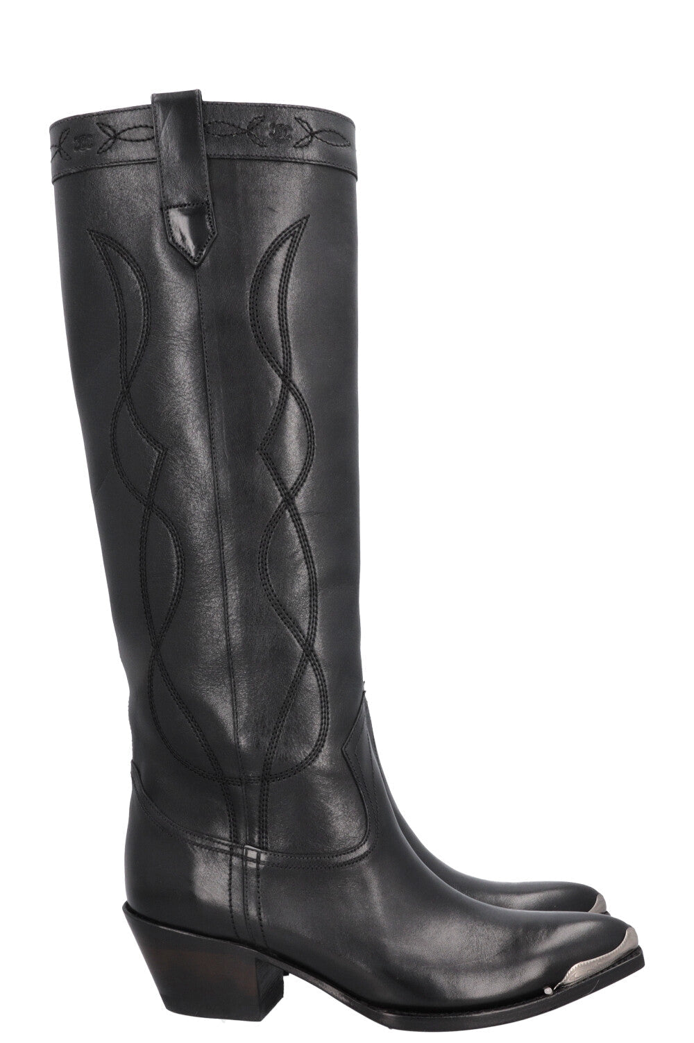 CELINE Knee High Cowboy Boots Black Silver