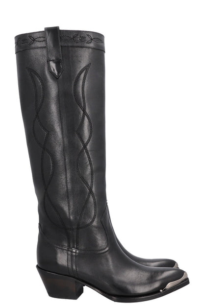 CELINE Knee High Cowboy Boots Black Silver