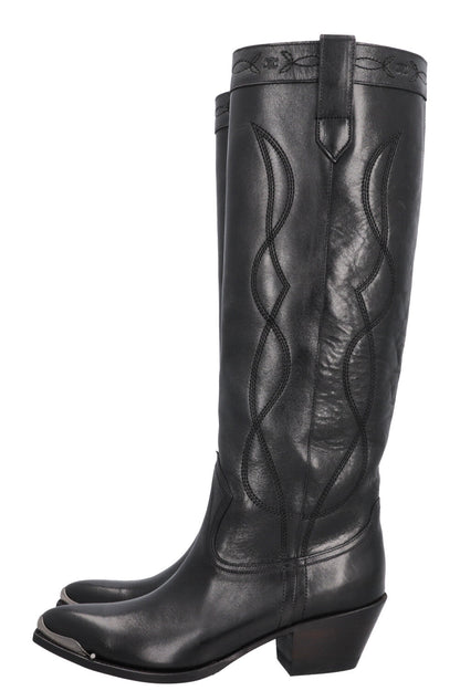 CELINE Knee High Cowboy Boots Black Silver