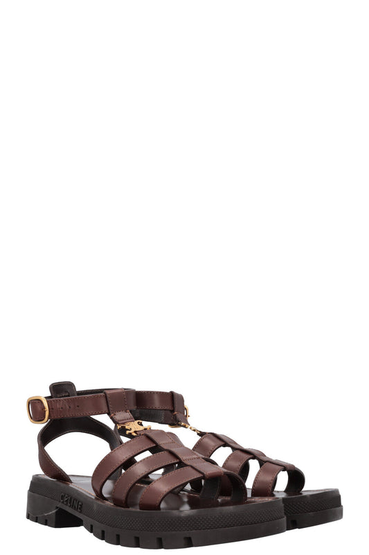 CELINE Clea Triomphe Gladiator Flats Leather Brown