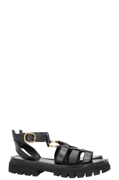 CELINE Clea Triomphe Gladiator Flats Leather Black