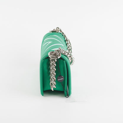 Chanel Chevron Boy Small Green With Holographic PVC