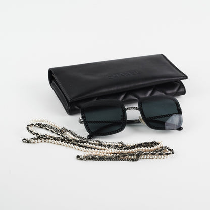 Chanel Square Sunglasses Grey Gunmetal Black With Chain