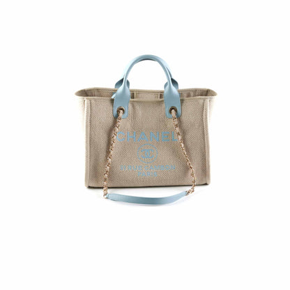 Chanel Deauville Shopping Bag Beige Blue Microchipped