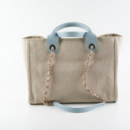 Chanel Deauville Shopping Bag Beige Blue Microchipped