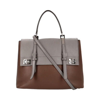 PRADA Leather Double Twist Lock Satchel Brown/Grey