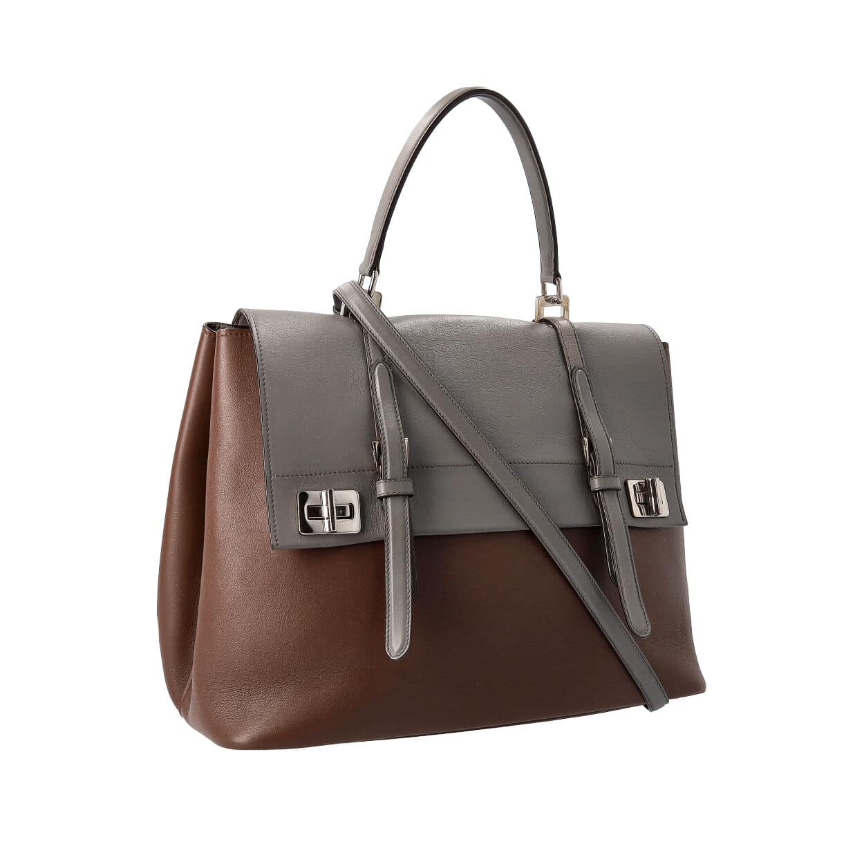 PRADA Leather Double Twist Lock Satchel Brown/Grey