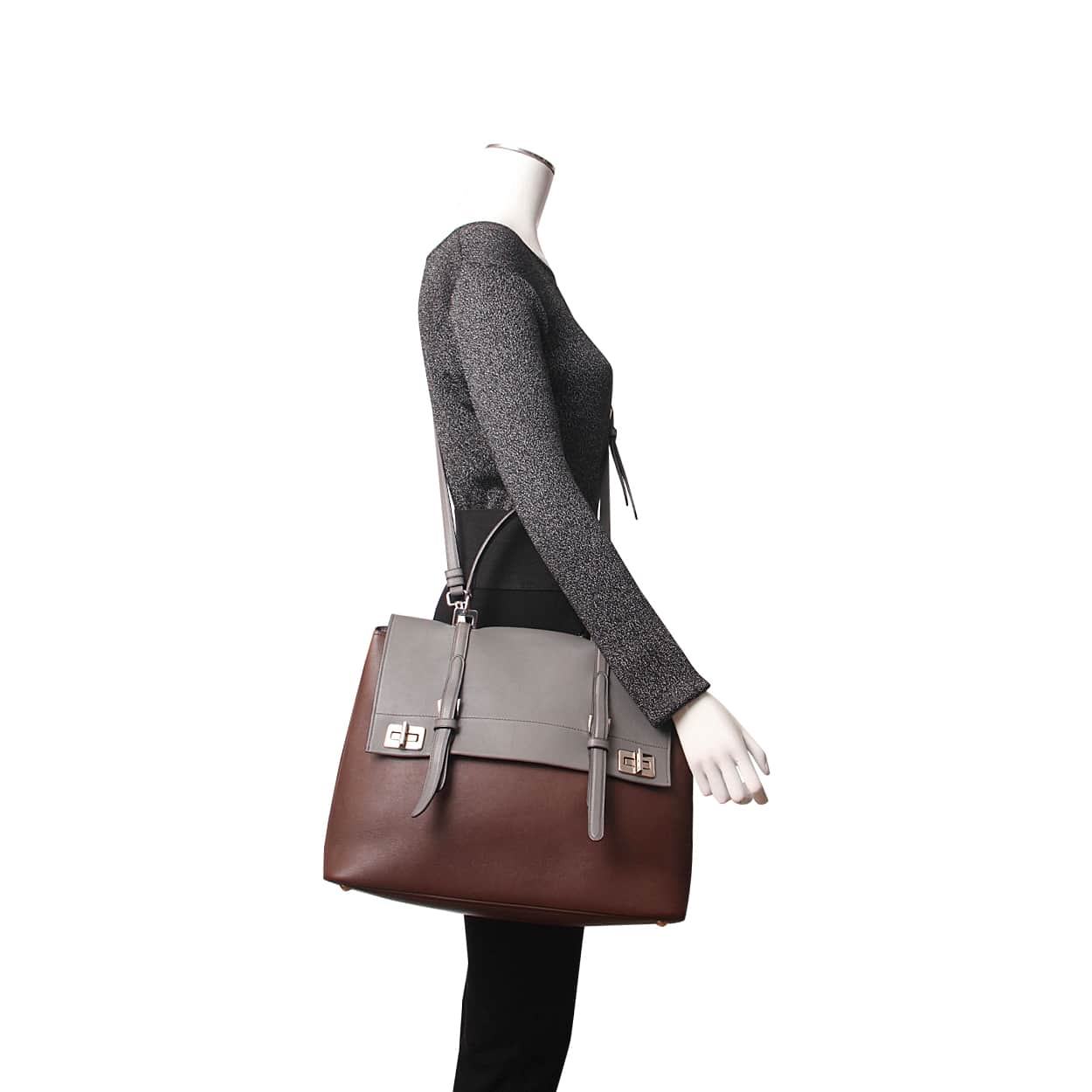 PRADA Leather Double Twist Lock Satchel Brown/Grey