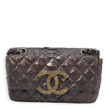 Hampton Crystal CC Flap Purple Shoulder Bag in Python Leather, Chrome hardware