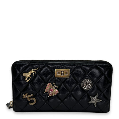 Embellished Long Black Wallet in Distressed Leather, Gold hardware