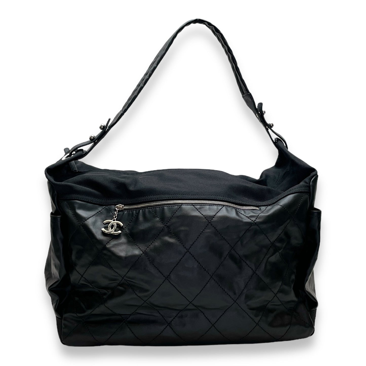 Biarritz Black Shoulder Bag in Coated Canvas, Silver hardware