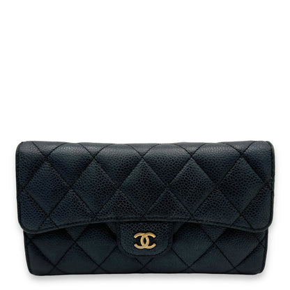 Classic Flap Long Black Wallet in Caviar Leather, Gold hardware