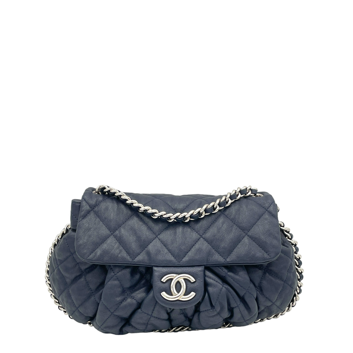 Chain Around Crossbody Bag Navy in Lambskin, Silver hardware