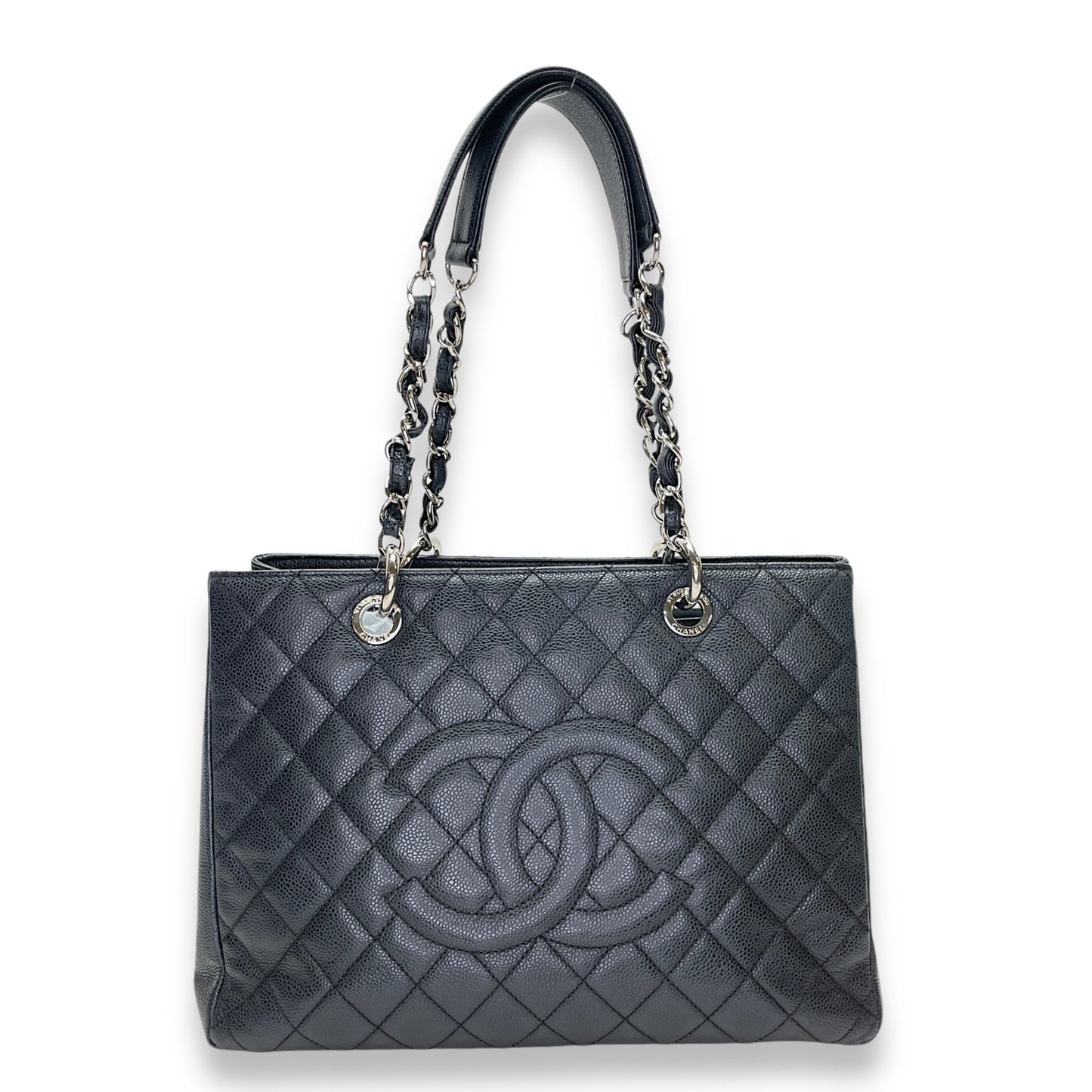 GST Black Tote Bag in Caviar Leather, Silver hardware