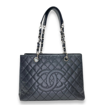 GST Black Tote Bag in Caviar Leather, Silver hardware