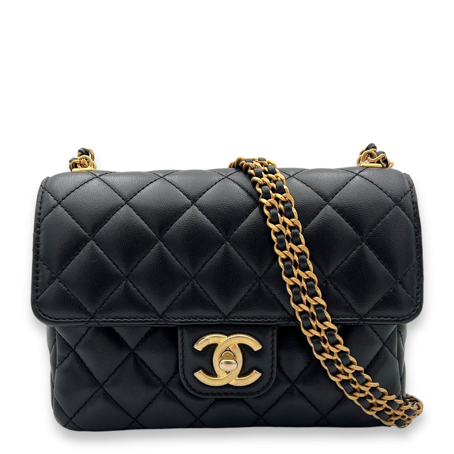 Square Flap Chain Black Crossbody Bag in Lambskin, Gold hardware