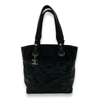 Paris Biarritz Small Black Tote Bag in Coated Canvas, Silver hardware