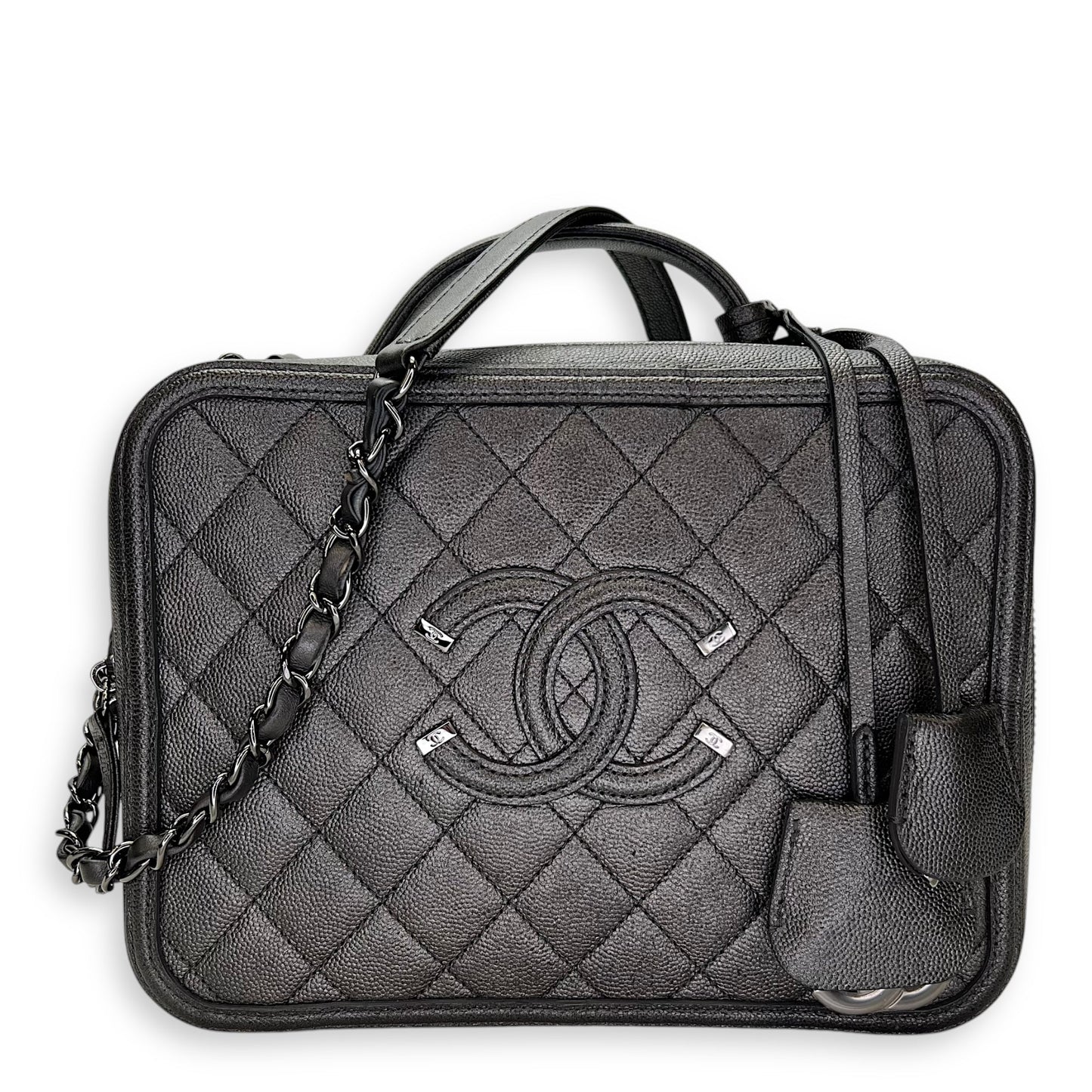 CC Filigree Large Silver Top Handle Bag in Caviar Leather, Silver hardware